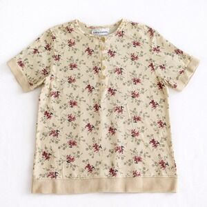 Cathy Daniels Floral Henley Top Small Cottagecore Cotton Button Tee 90s